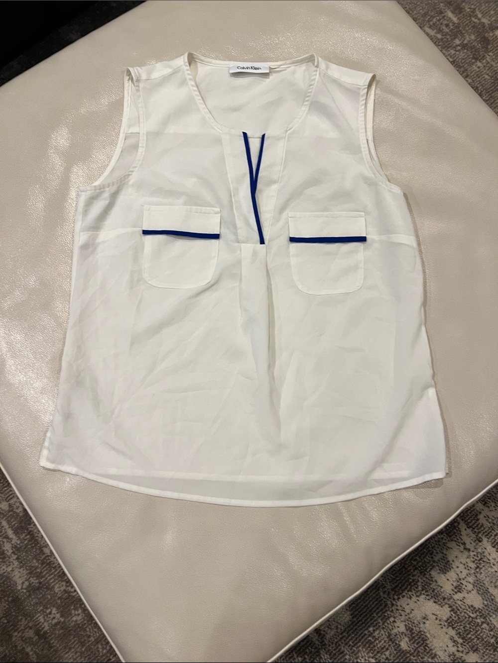 Calvin Klein White Sleeveless Pocket Top with Blue Trim